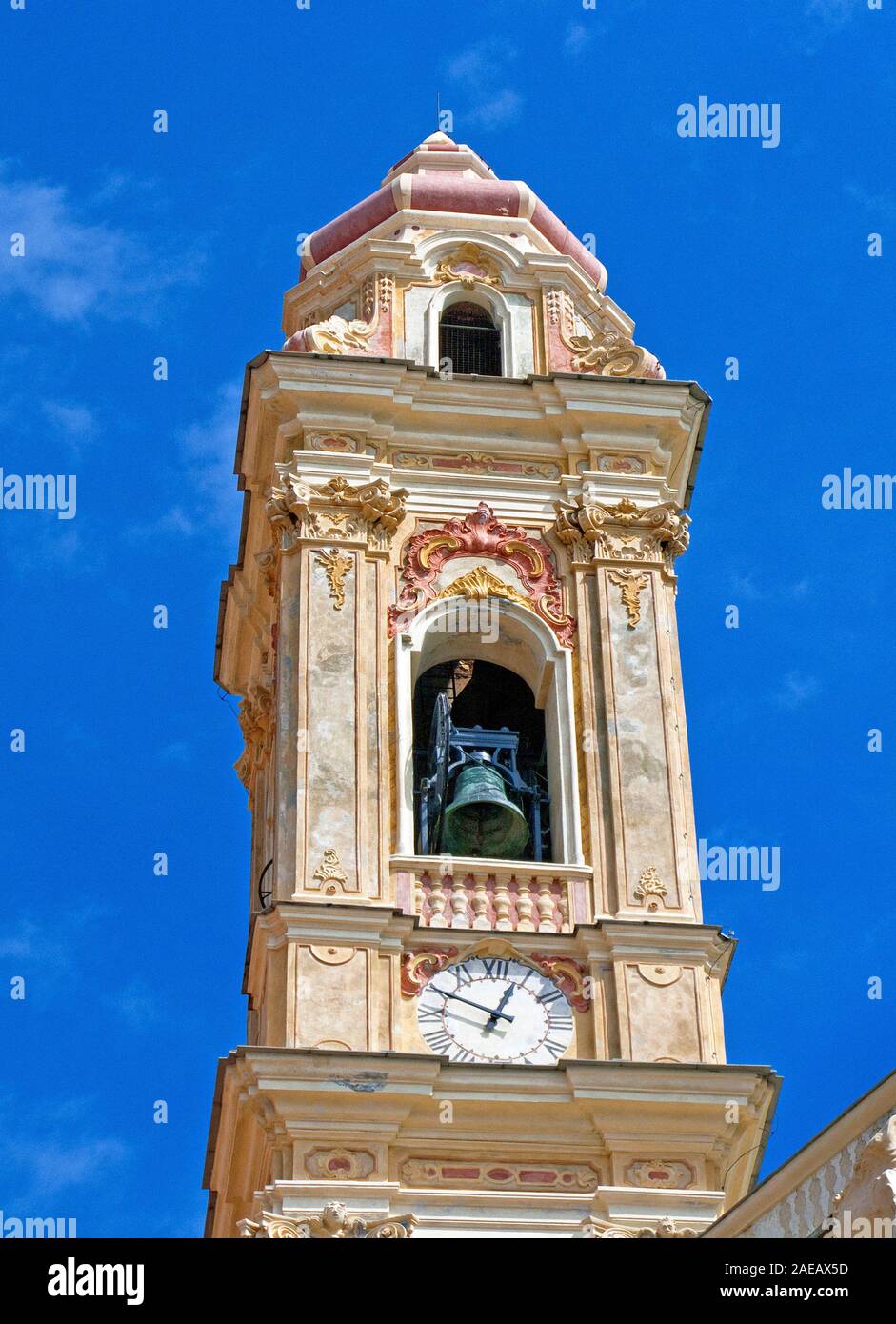 Bell tower of baroque church Chiesa San Giovanni Battista, Cervo, province Imperia, Riviera di Ponente, Liguria, Italy Stock Photo