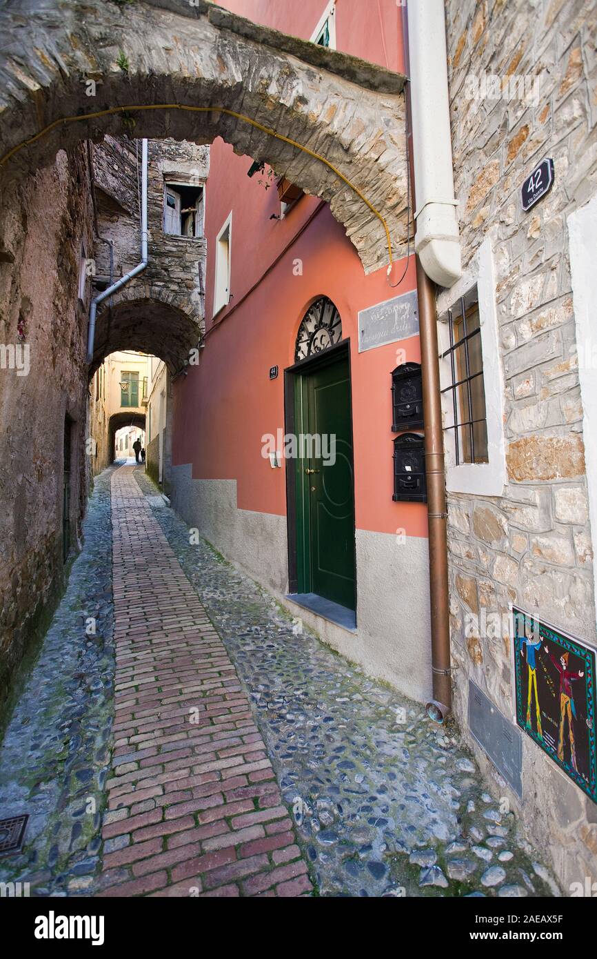 Alley in the old town of Civezza, province Imperia, Riviera di Ponente, Liguria, Italy Stock Photo