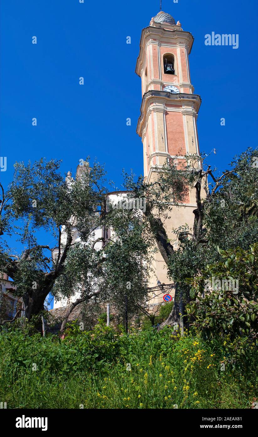 Bell tower of Chiesa di San Marco, Civezza, province Imperia, Riviera di Ponente, Liguria, Italy Stock Photo