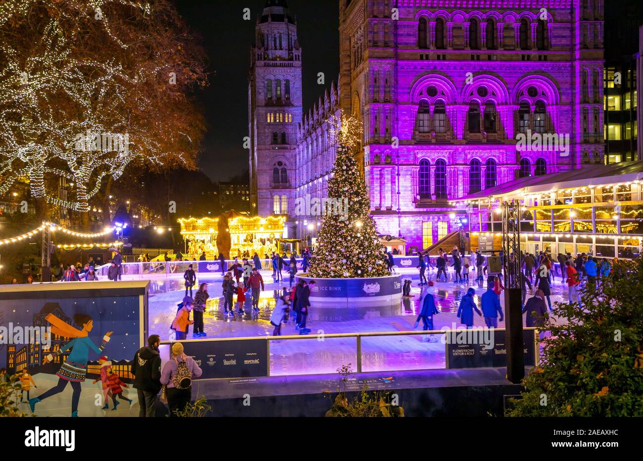 Ice rink at the Natural History Museum, Christmas season in London, Stock Photo