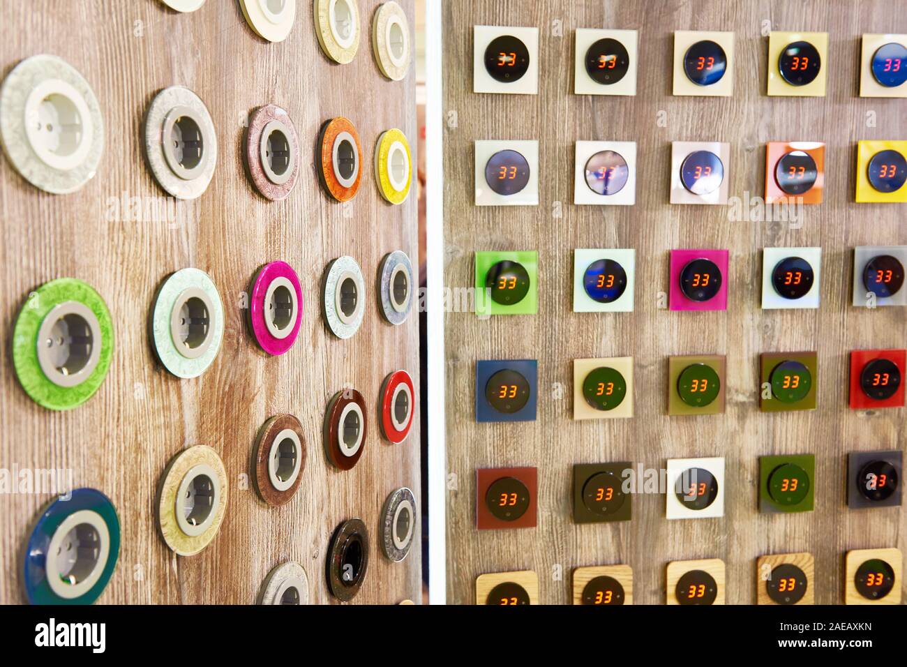 Decorative electrical outlets and temperature indicators at the store stand Stock Photo