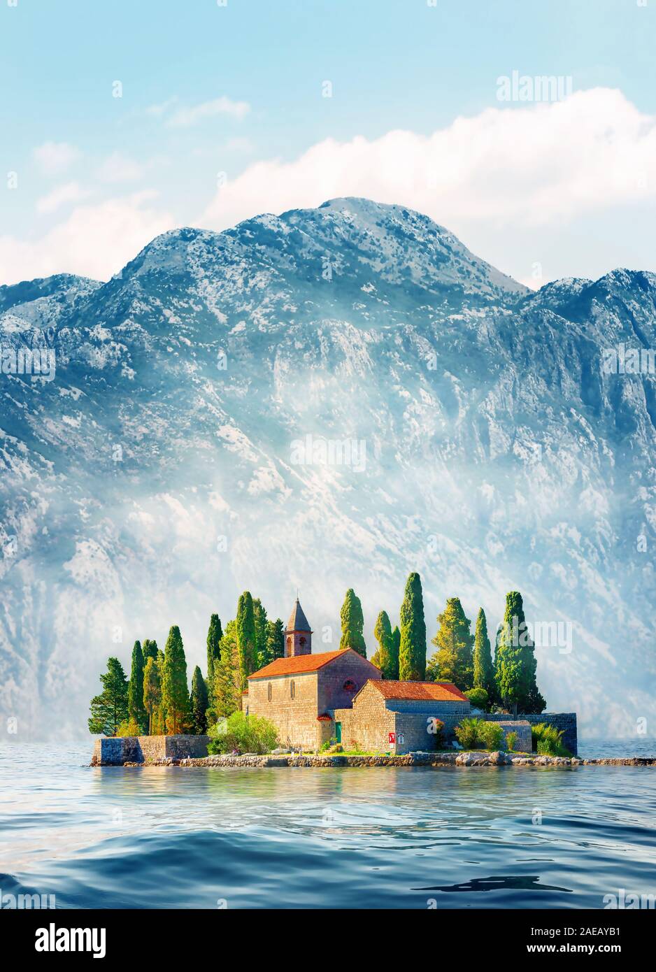 Beautiful mediterranean landscape. St. George Island near town Perast, Kotor bay, Montenegro Stock Photo