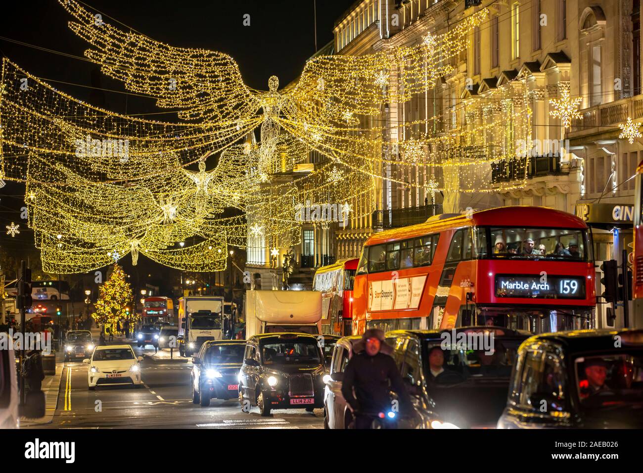 London, at Christmas time, shopping street Regent Street, light decoration, Stock Photo