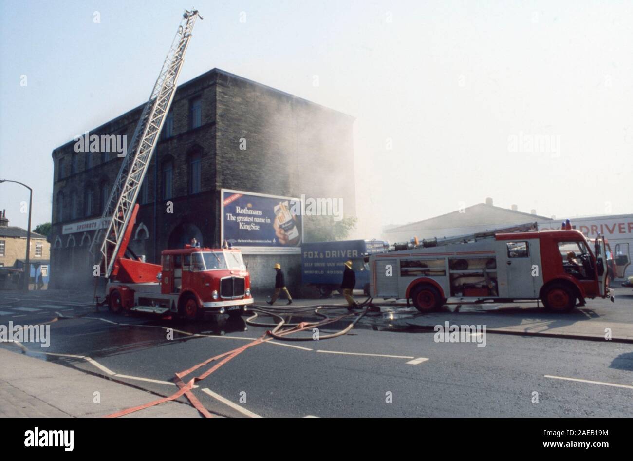 Fire service at work in 1975, Mirfield, West Yorkshire, Northern