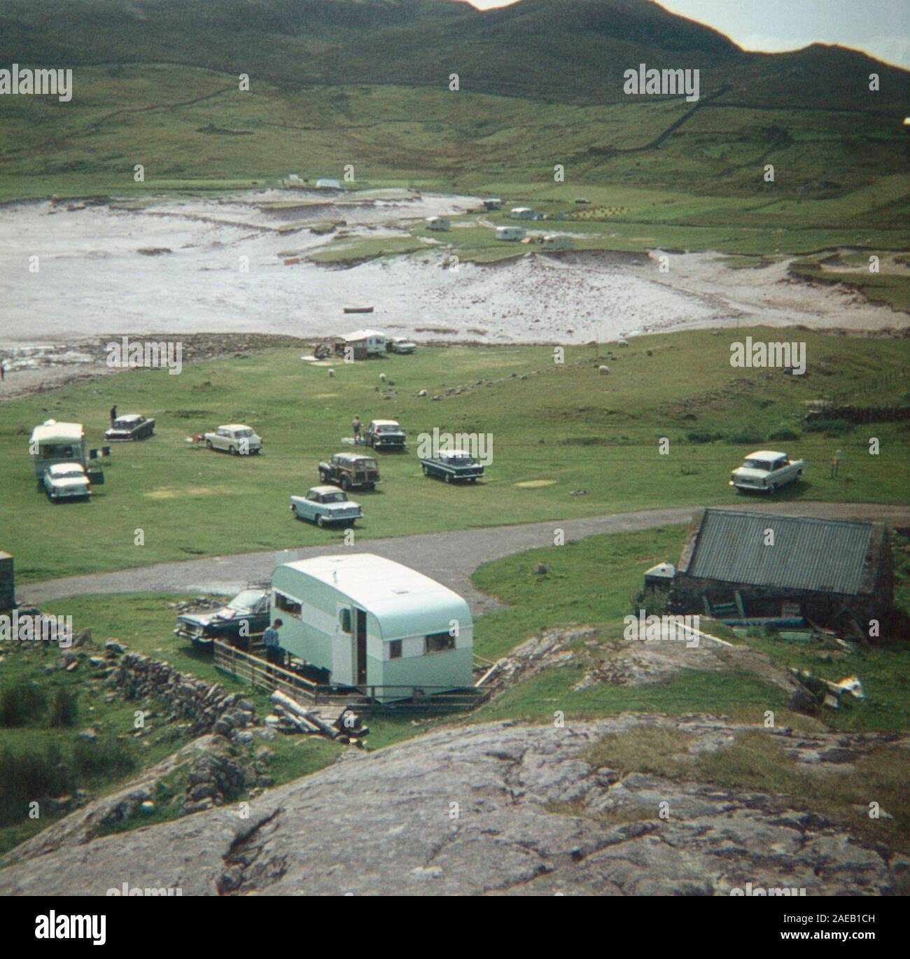 Camping and Caravans in 1960's Scotland, Wester Ross, Scottish Highlands, Mellon Udrigle beach Stock Photo