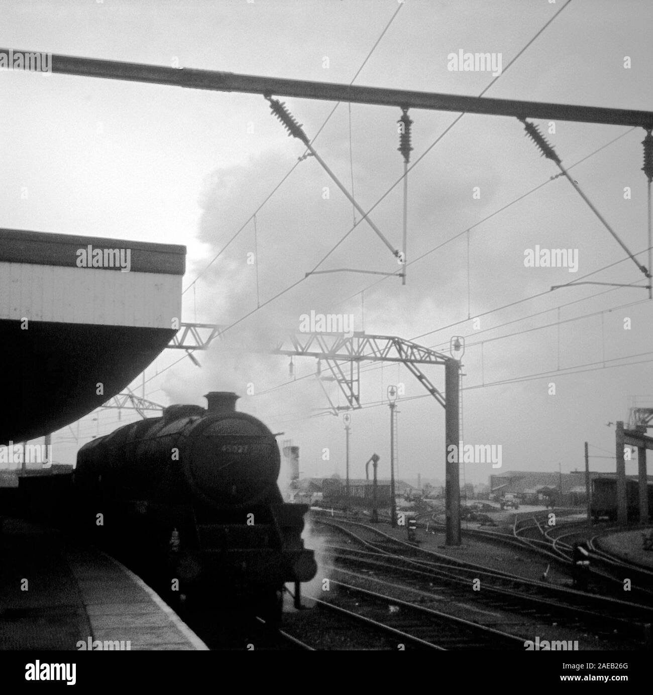 Steam trains running on British railways in 1967, towards the end of main line steam at Stockport, Lancashire, Northern England, UK Stock Photo