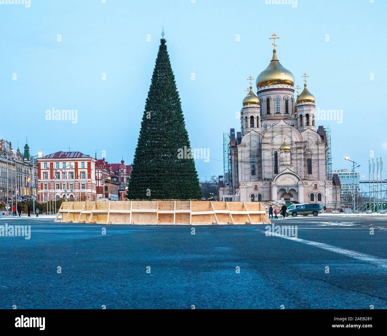 A Christmas tree is set before Christmas on the square of the city of Vladivostok. Stock Photo