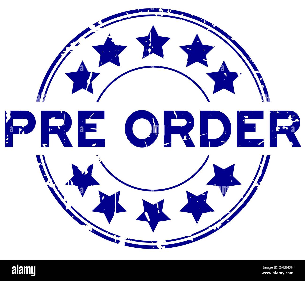 Grunge blue  pre order wording with star icon round rubber business seal stamp on white background Stock Vector