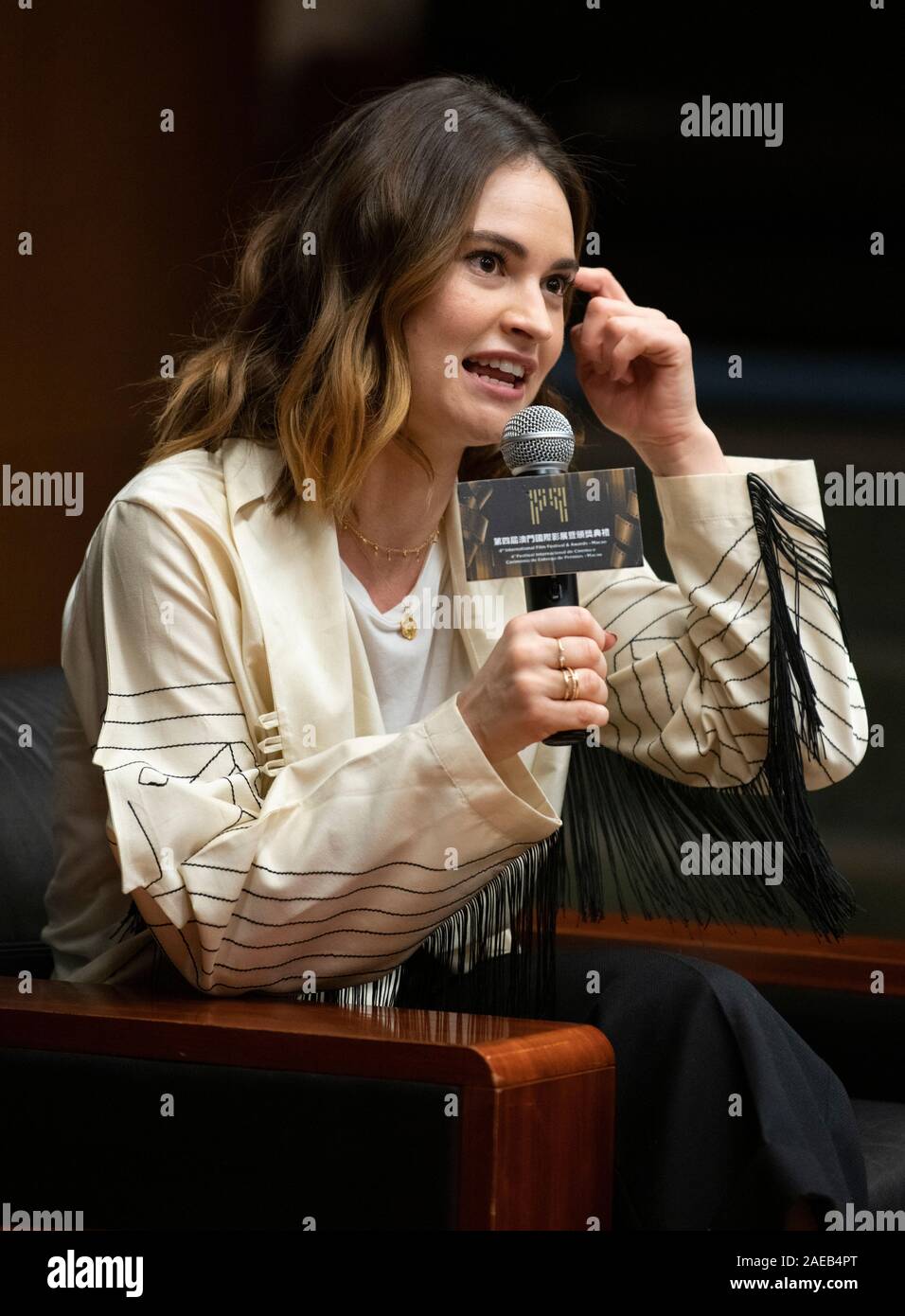 Macao, China. 08th Dec, 2019. The 4th International Film Festival & Awards Macao 2019 (IFFAM) Day 4. Masterclass with British actress Lily James. Credit: HKPhotoNews/Alamy Live News Stock Photo