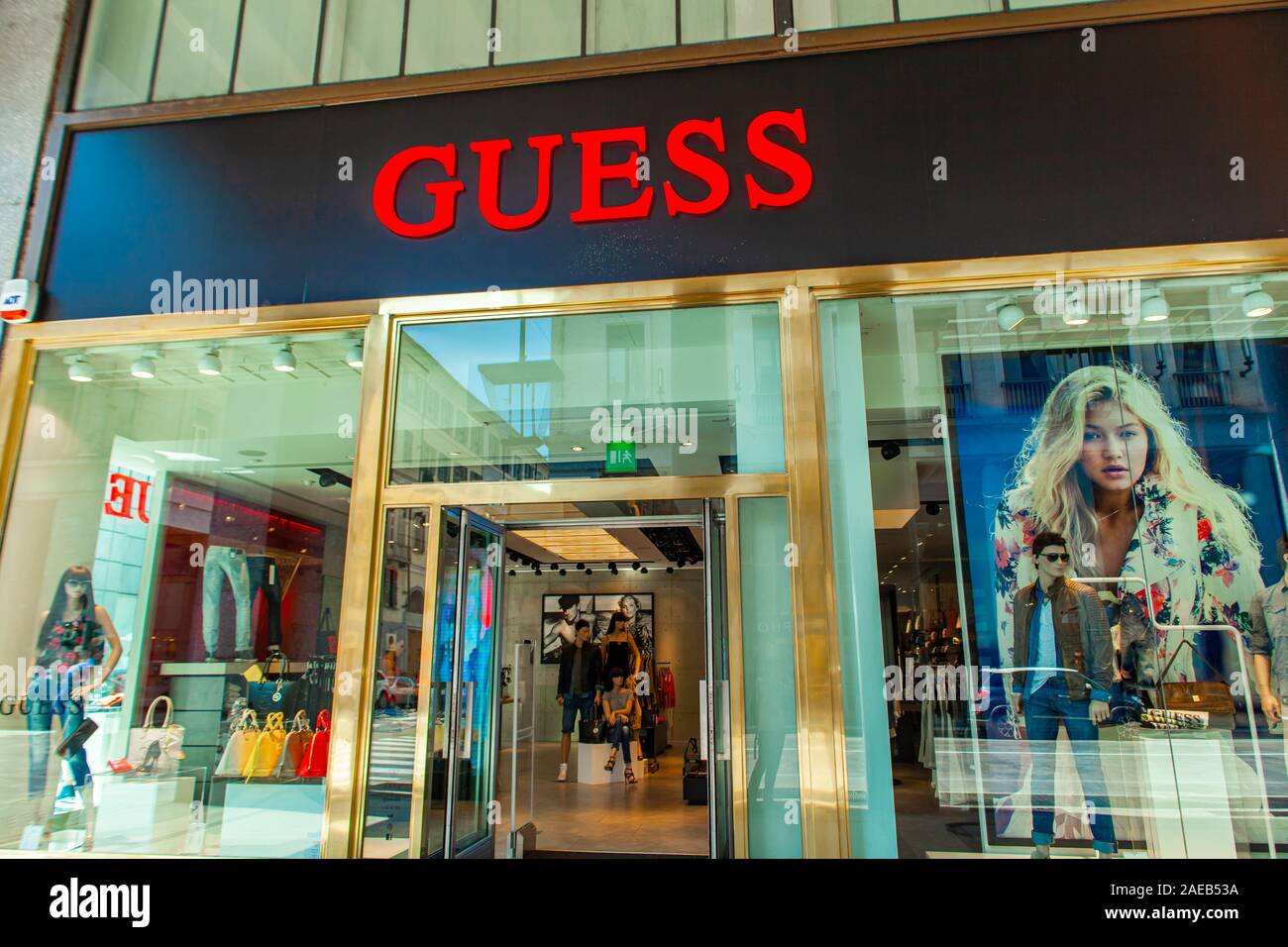 TURIN, ITALY - JUNE 3, 2015: Detail of the Guess store in Turin, Italy.  Guess is an American upscale clothing line brand founded at 1981 and have  more Stock Photo - Alamy