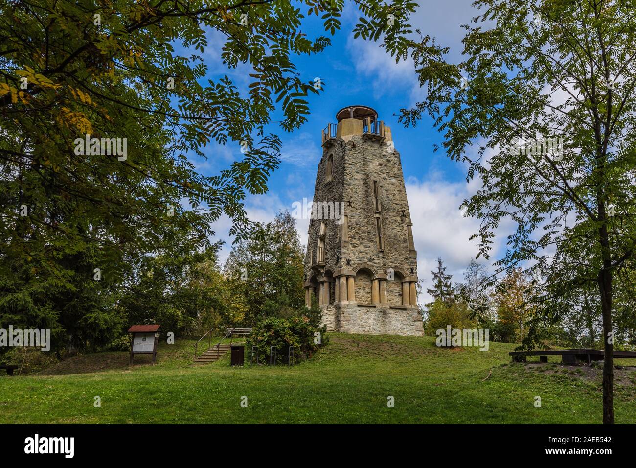Zelena hora, Pelhrimov / Czech Republic - September 13 2019: Bismarck tower made of stone standing on a hill close to Cheb surrounded with green trees. Stock Photo