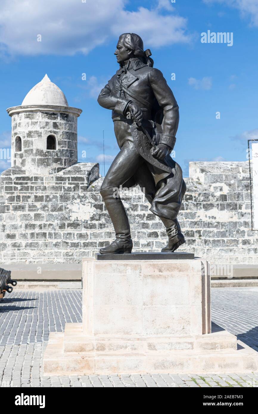 Statue of Francisco de Miranda, by The old colonial castle of San Salvador de la Punta, Havana, Cuba. Stock Photo