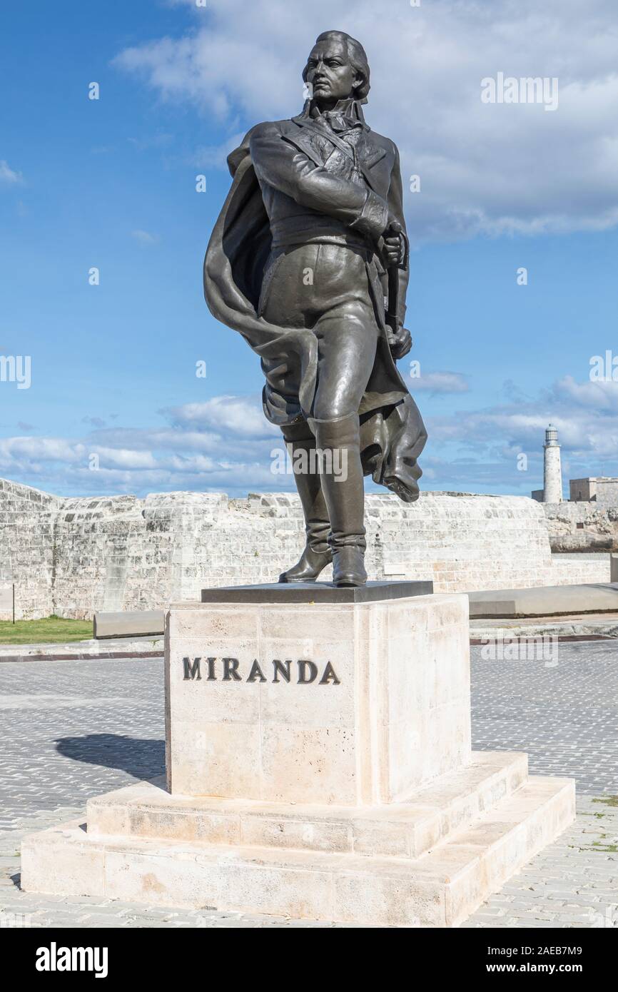 Statue of Francisco de Miranda, by The old colonial castle of San Salvador de la Punta, Havana, Cuba. Stock Photo