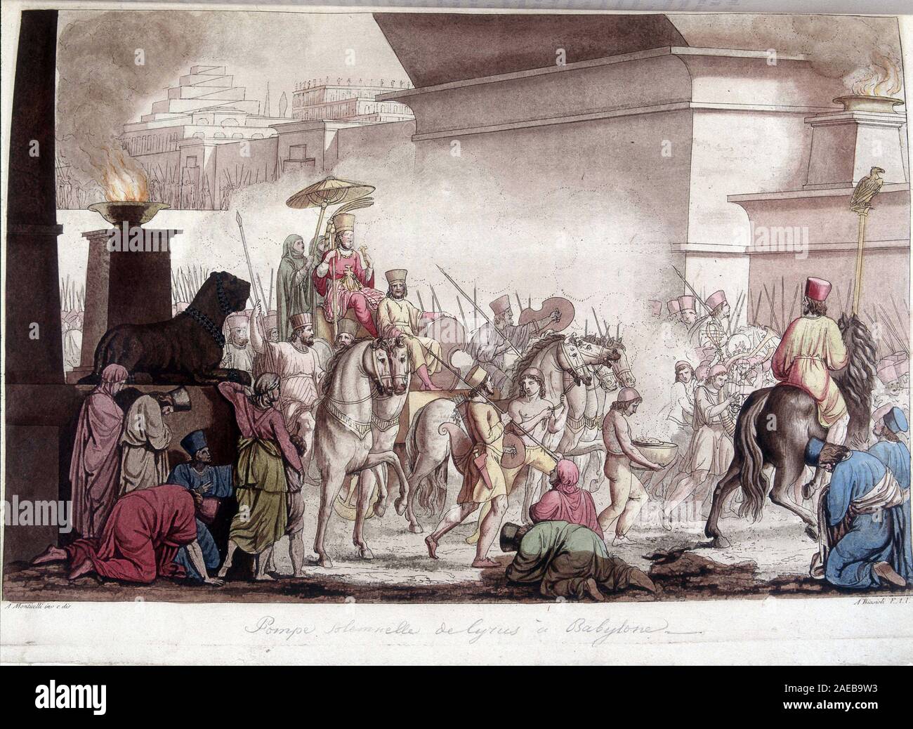 Entree du roi Cyrus II le Grand (580 av. JC - 530 av. JC) en grande pompe dans Babylone - in 'Le costume ancien et moderne' par Ferrario, ed. Milan, 1 Stock Photo