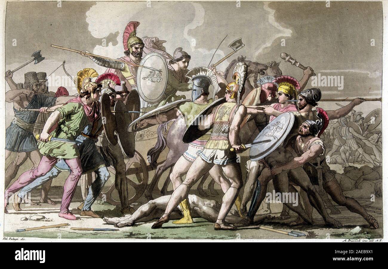 Combat pour le cadavre de Patrocle (Guerre de Troie) - in 'Le Costume ancien et moderne' par Ferrario, ed. Milan, 1819-20À Stock Photo