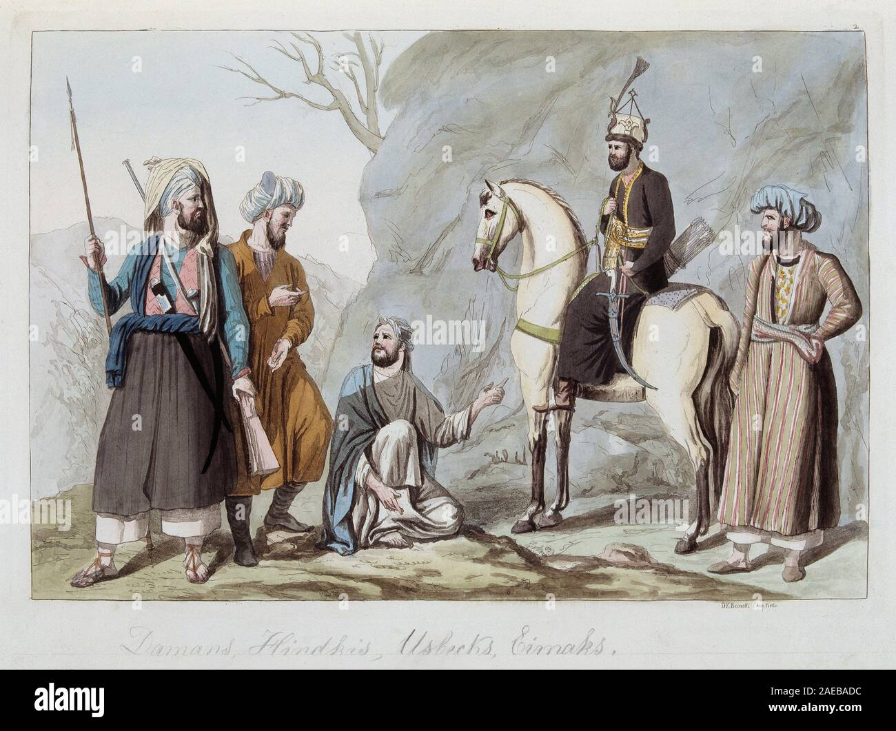 Damans, Hindkis, Ouzbeks et Eimaks d'Afghanistan - in 'Le costume ancien et moderne' par Ferrario, ed Milan, 1819-20 Stock Photo