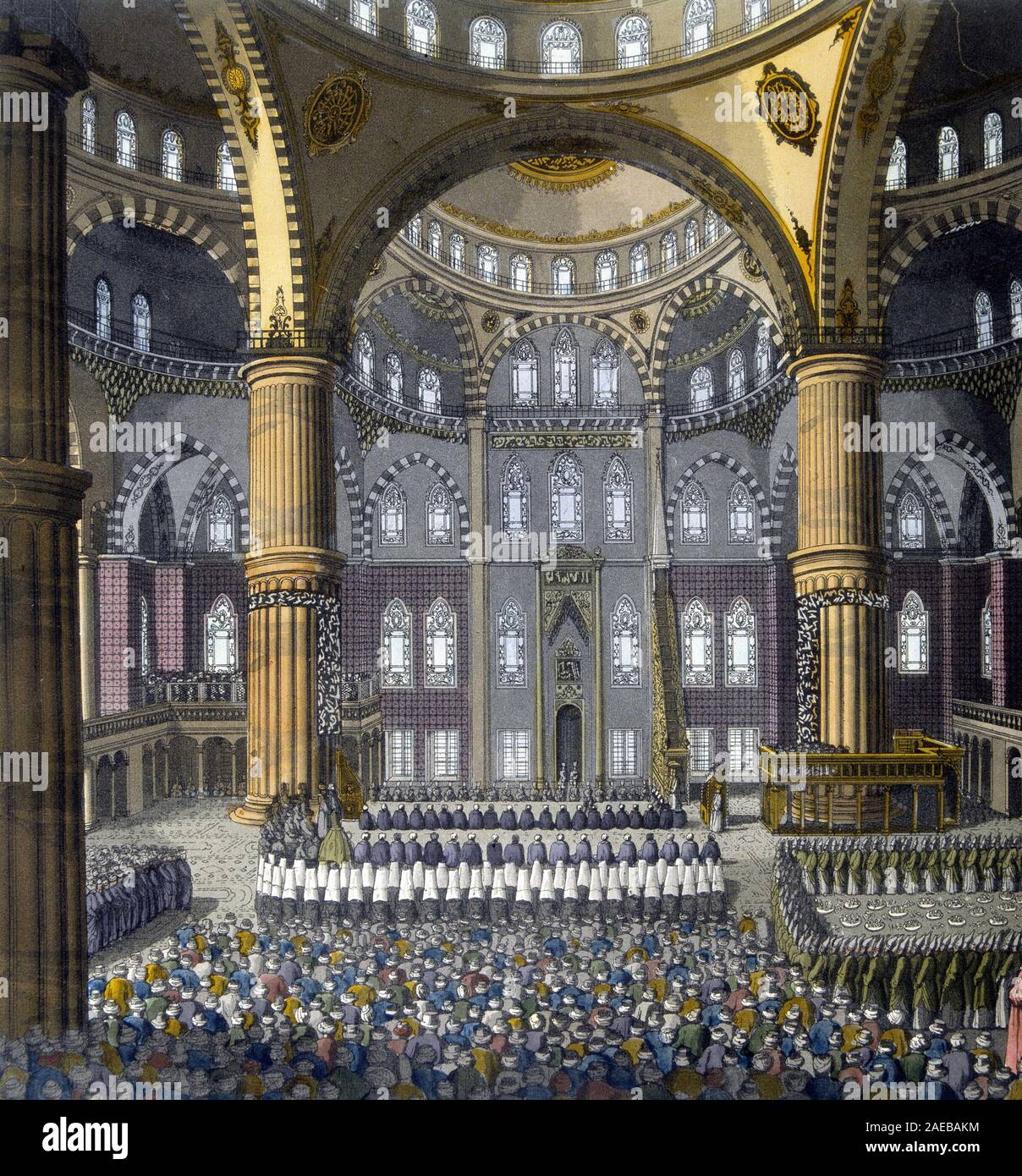 Fête religieuse (fête du Mewlod) dans la mosquee bleue a Constantinople,  debut XIXeme siecle - in 'Le Costume ancien et moderne' de Jules Ferrario, 1 Stock Photo