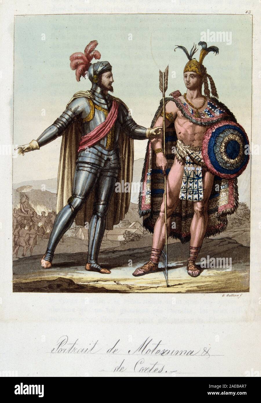 Montezuma II, roi azteque, et Hernan (ou Hernando) Cortes ou Fernand Cortez (1485-1547), conquistador espagnol - in 'Le costume ancien et moderne' par Stock Photo