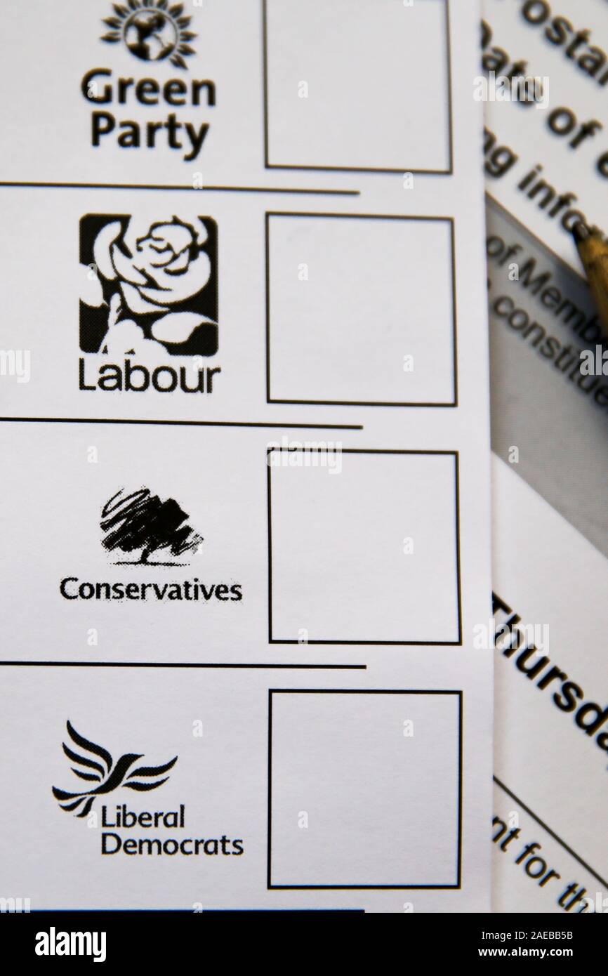 London, UK. 8th Dec, 2019. A ballot Paper seen displayed showing logos of Green Party, Labour Party, Conservative Party and Liberal Democrats. Credit: Dinendra Haria/SOPA Images/ZUMA Wire/Alamy Live News Stock Photo