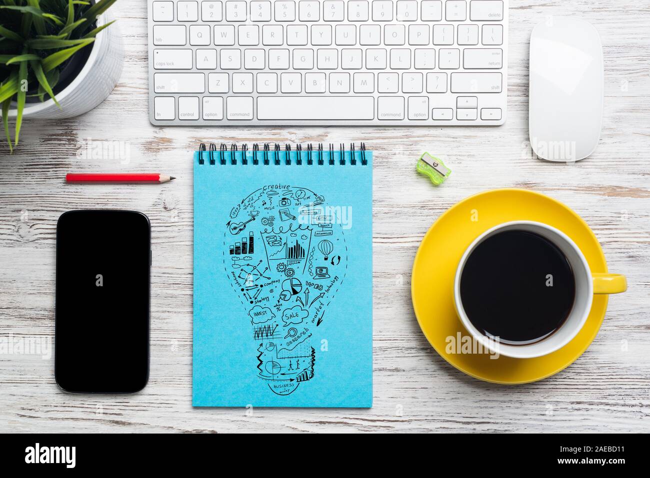 Flat lay wooden desk with computer keyboard Stock Photo - Alamy