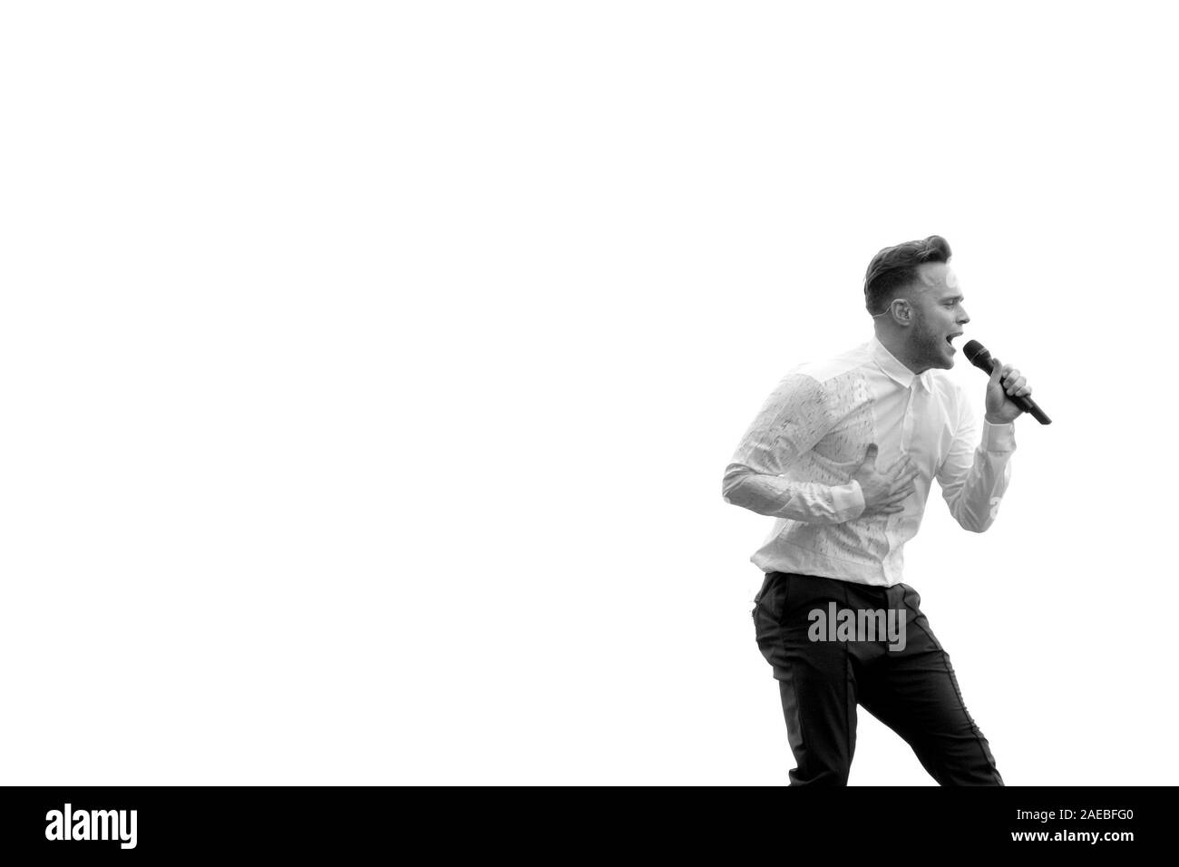 LONDON - JUL 09, 2016: Image digitally altered to monochrome Olly Murs performs at the Barclaycard British Summer Time Event in Hyde Park on Jul 09, 2016 in London Stock Photo