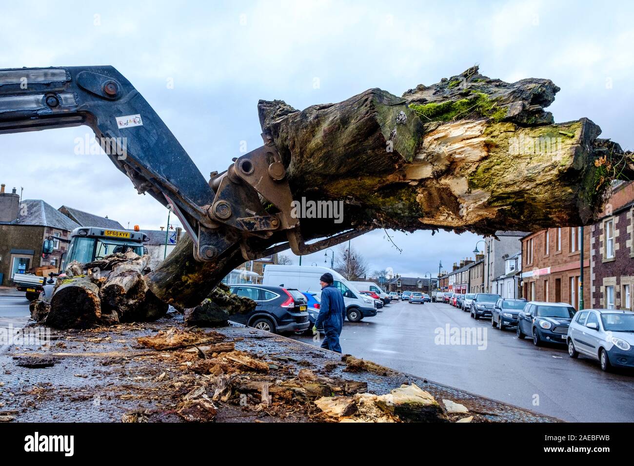 Biggar, South Lanarkshire, Scotland 8th December 2019:  Building the Biggar hogmanay bonfire has started in earnest. Stock Photo