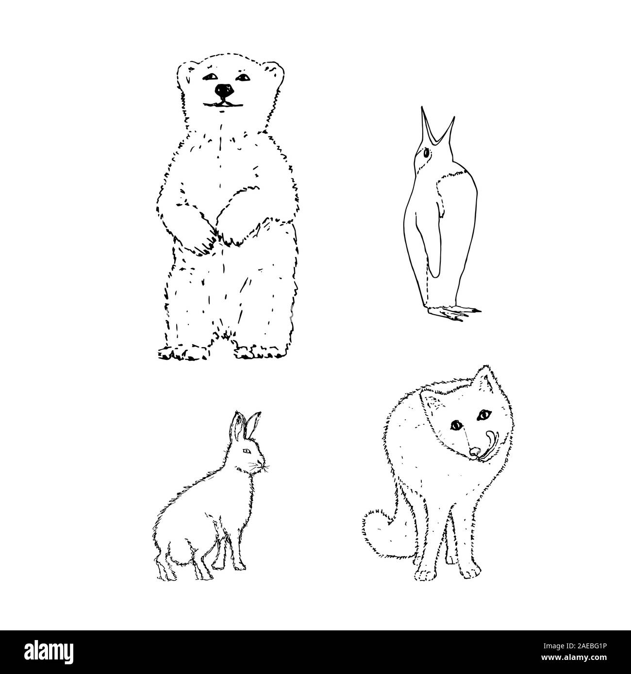 Set of northern winter animals: bear, penguin, rabbit, fox. Black outline on white background. Picture can be used in greeting cards, posters, flyers, banners, logo, further design etc. Vector illustration. EPS10 Stock Vector