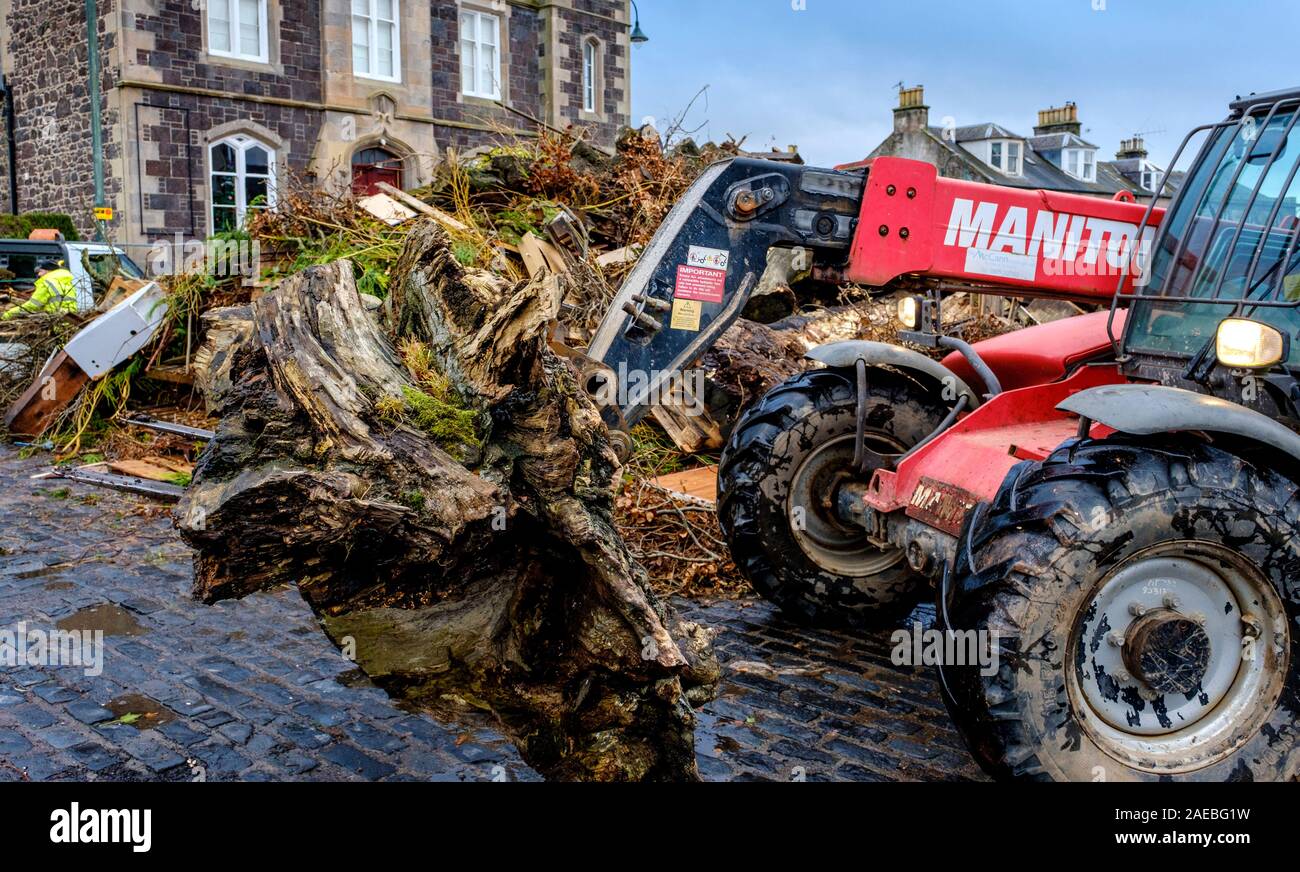 Biggar, South Lanarkshire, Scotland 8th December 2019:  Building the Biggar hogmanay bonfire has started in earnest. Stock Photo