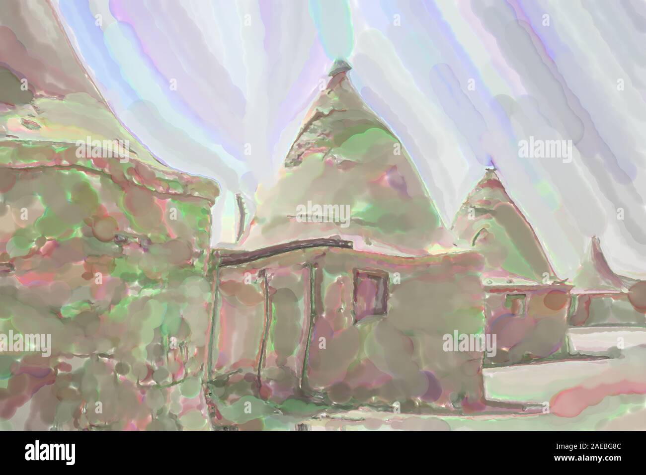 watercolor illustration: Round houses with conical pointed roofs, built ...