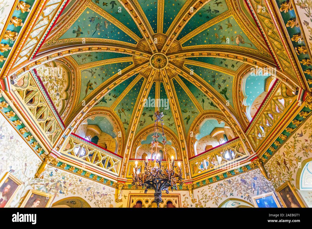 The magnificent and colourful octagonal ceiling in the Drawing Room at Castell Coch, Tongwynlais, Cardiff, Wales, UK Stock Photo