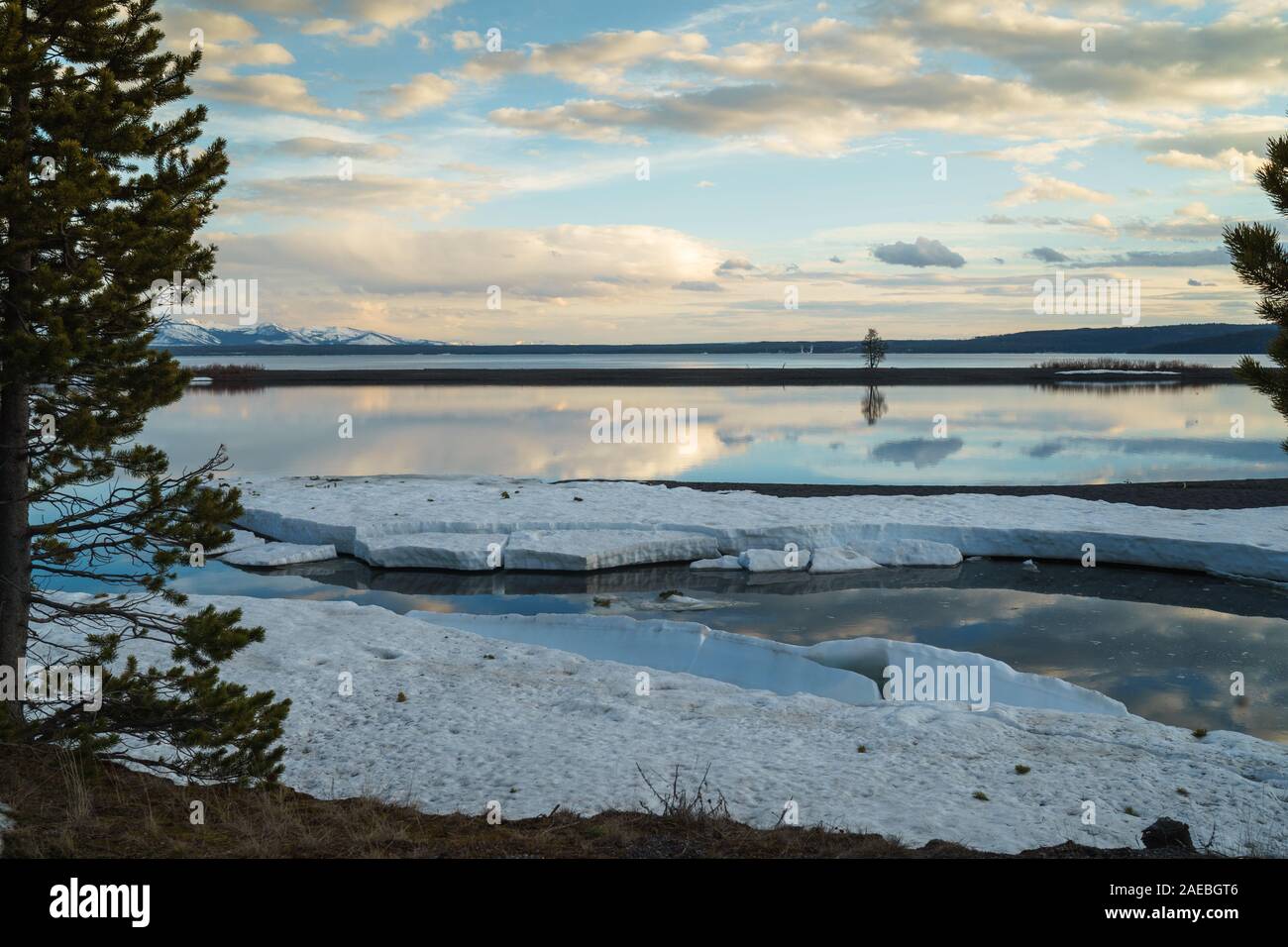 Beautiful Sunset Scenery at a lake in the Yellowstone national park, Wyoming Stock Photo