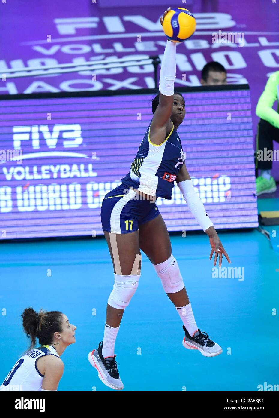 Shaoxing, China. 8th Dec, 2019. Miryam Fatime Sylla (R) of Imoco Volley Conegliano competes during the final match between Imoco Volley Conegliano of Italy and Eczaclbasl Vitra Istanbul of Turkey at 2019 FIVB Women's Club World Championship in Shaoxing, east China, on Dec. 8, 2019. Credit: Huang Zongzhi/Xinhua/Alamy Live News Stock Photo