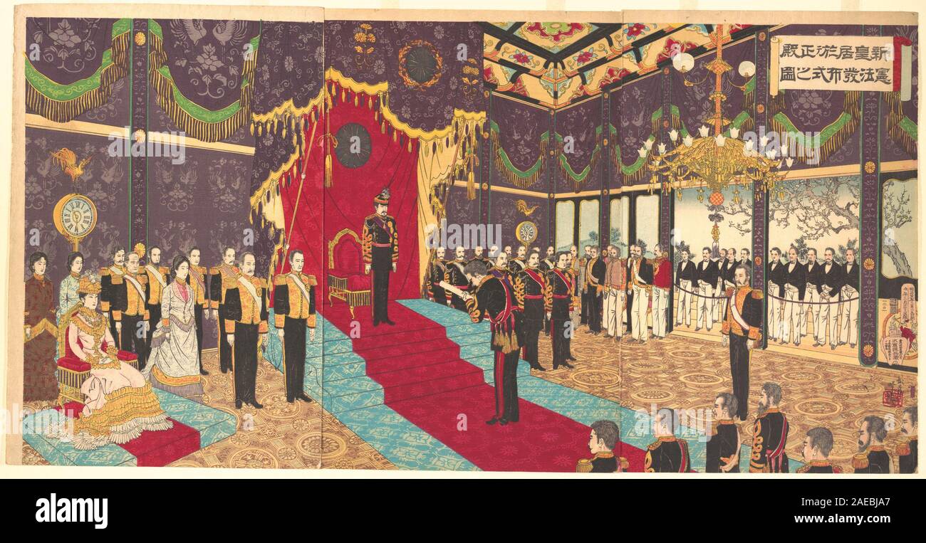 Illustration of the Issuing of the State Constitution in the State Chamber of the New Imperial Palace, by Adachi Ginko  ( active 1874–97 ),  Date March 14, 1889 ( Meiji Period ) Stock Photo