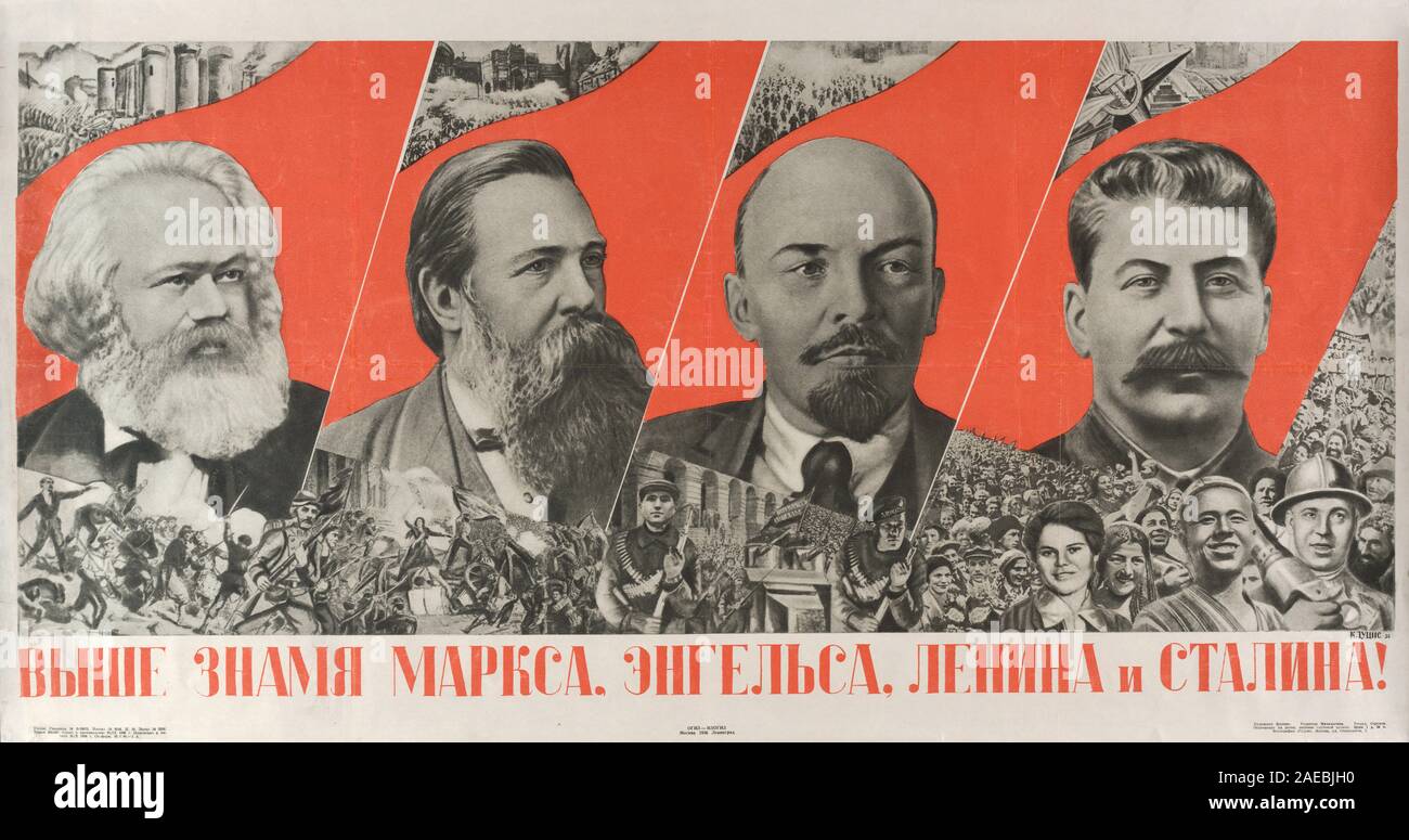 Soviet Union propaganda poster, 1933, Private Collection. From left to right Marx, Engels, Lenin, Stalin. Stock Photo