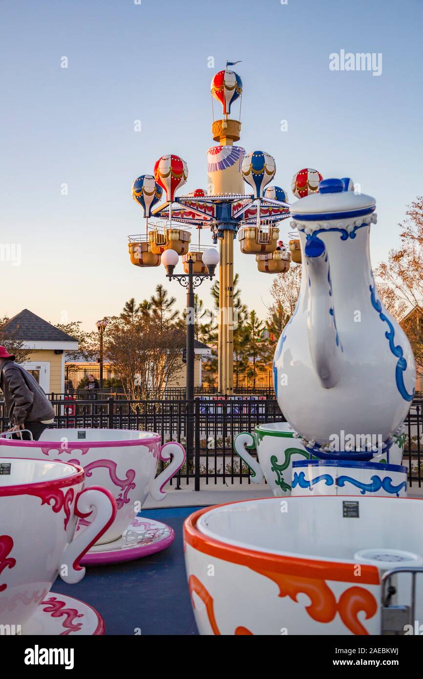 Tea Time and Sky Balloons rides at OWA Entertainment and Amusement Park in Foley, Alabama Stock Photo