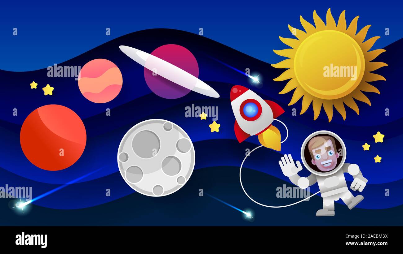 Space Flat Vector Background With Rocket, Spaceship, Moon, Planets . Stock Vector