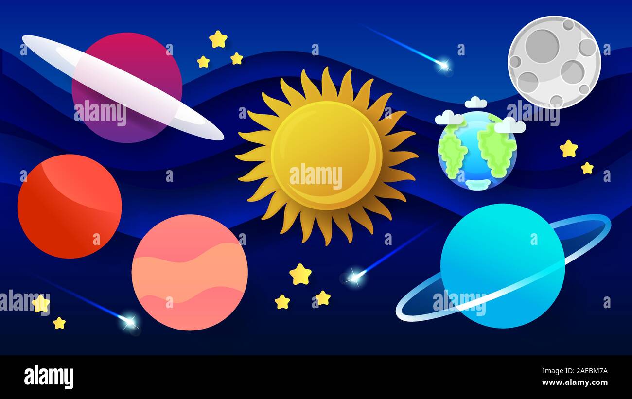 Space Flat Vector Background With Rocket, Spaceship, Moon, Planets . Stock Vector