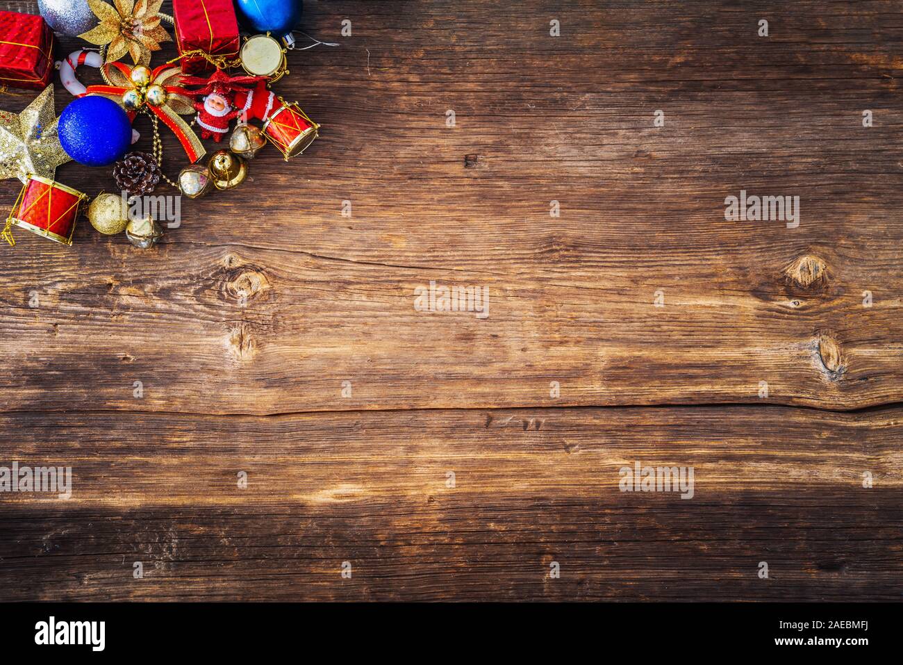 Christmas ornaments concept with wooden background. New year concept. Stock Photo
