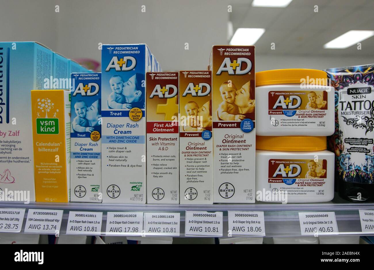 Aruba, 11/28/2019: Variety of A+D ointment packages is offered for sale at a drug store. Stock Photo