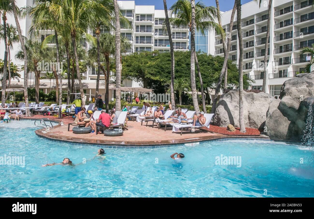 Aruba, 11/27/2019: Customers of Marriott Stelaris Hotel and Casino are enjoying their stay on the property. Stock Photo