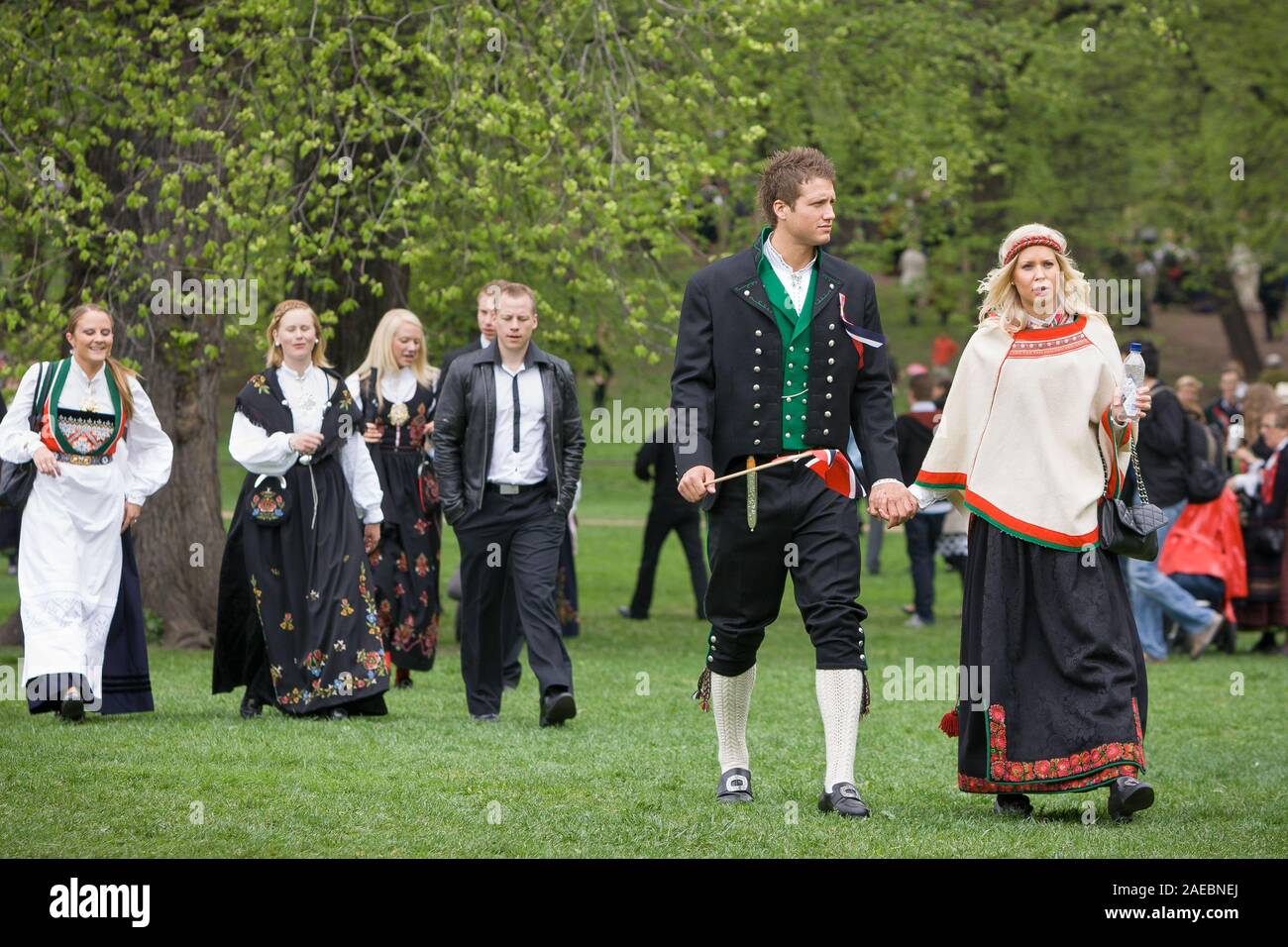 Oslo, Norway - May 17, 2010: National day in Norway. Norwegians after traditional celebration and parade on Karl Johans Gate street. Stock Photo