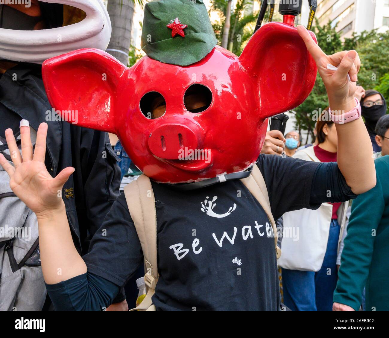 'December 8 2019 Hong-Kong-Island.  An estimated 800,000 Hong Kong citizens took part in a mostly peaceful march as part of the International-Human-Rights-Day-Rally organized by the Civil-Human-Rights-Front Popular memes were part of the masks in the crowd. Hong KOng has turned to Memes to punctuate the protests. Stock Photo