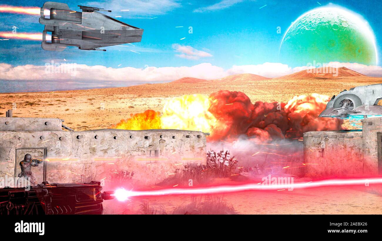 Sci-fi scene, distant future and other worlds. War scene, spaceships and fights with laser weapons. Space exploration and conquests. 3d render Stock Photo