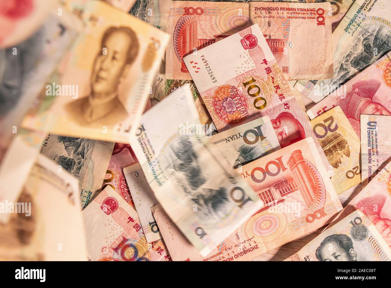 A composition of Chinese Renminbi RMB. People's Currency. Yuan CNY banknotes providing great options to be used for illustrating subjects as business, Stock Photo