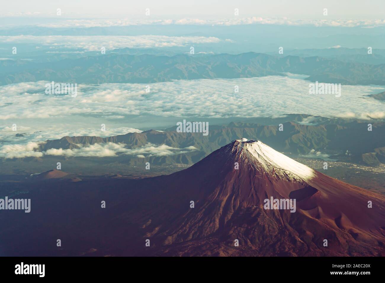 A birds eye view close-up the Mount Fuji ( Mt. Fuji ) and blue sky. Scenery landscapes of the Fuji-Hakone-Izu National Park. Shizuoka Prefecture, Jap Stock Photo