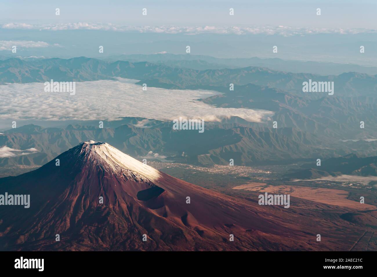 A birds eye view close-up the Mount Fuji ( Mt. Fuji ) and blue sky ...