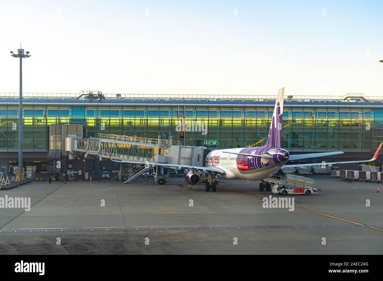 Tokyo Haneda International Airport in the sunrise time. Near the Keihin industry region Stock Photo