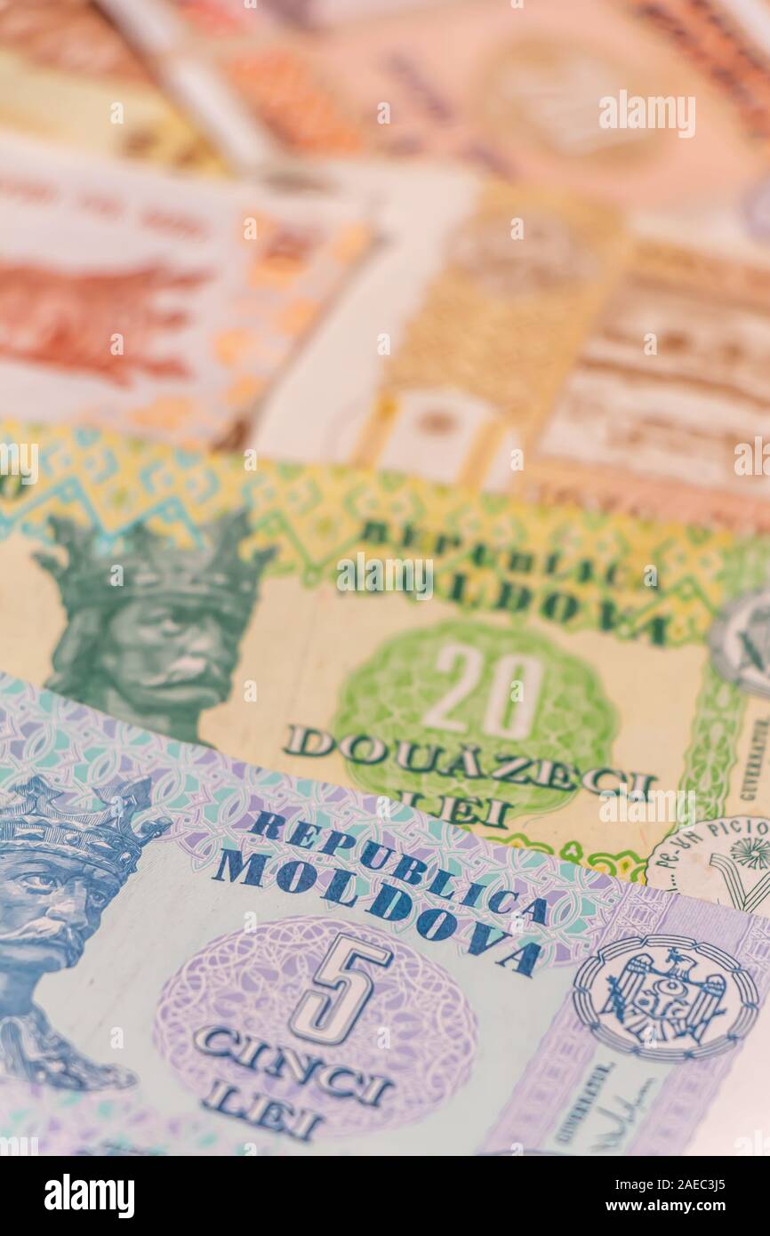 A composition of Moldovan leu. MDL banknotes providing great options to be used for illustrating subjects as business, banking, media, etc. Stock Photo