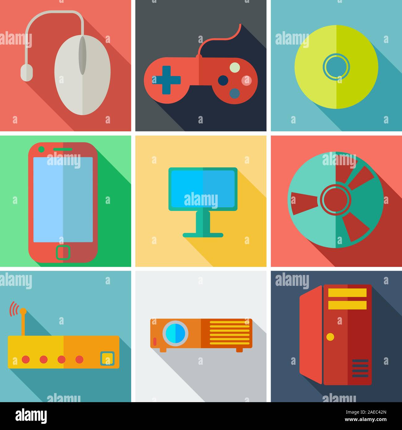 Collection modern flat icons computer mobile technology with long shadow effect for design. Vector illustration. Stock Vector