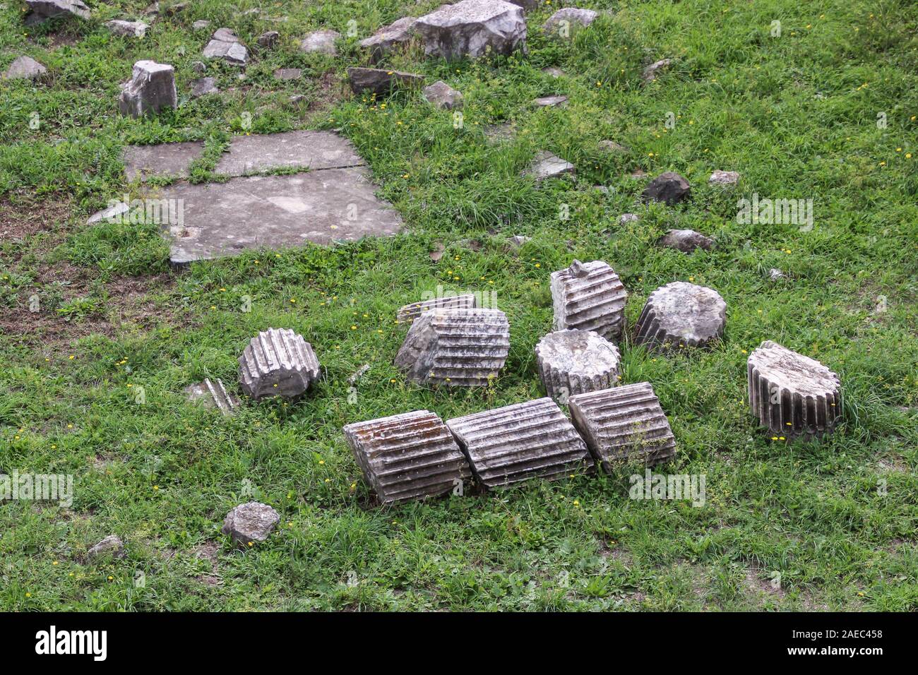 Ancient Roman marble column ruins at Forum Romanum in Rome, Italy Stock Photo